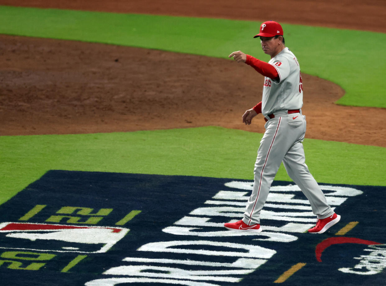 Phillies manager Rob Thomson went to his best relief pitchers early in World Series Game 1, pursuing a win hard even when the game was only tied. (Photo by Rob Tringali/MLB Photos via Getty Images)