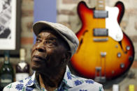 Buddy Guy poses for a portrait to promote the latest installment of the PBS biography series, “American Masters” on Wednesday, July 28, 2021, at his blues club Buddy Guy's Legends in Chicago. (AP Photo/Shafkat Anowar)