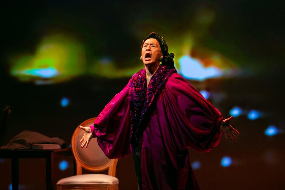 Francis Jue plays opera singer Jessye Norman at the end of Act 1 of "Twilight: Los Angeles, 1992," at American Repertory Theater in Cambridge through Sept. 24.