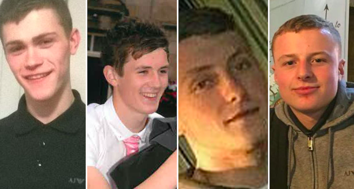 From left to right: Caelan Megson, 21, Brandon Frew, 19, Declan Grove, 19, and Matt Walshaw, 18, died in the crash (Picture: West Yorkshire Police)