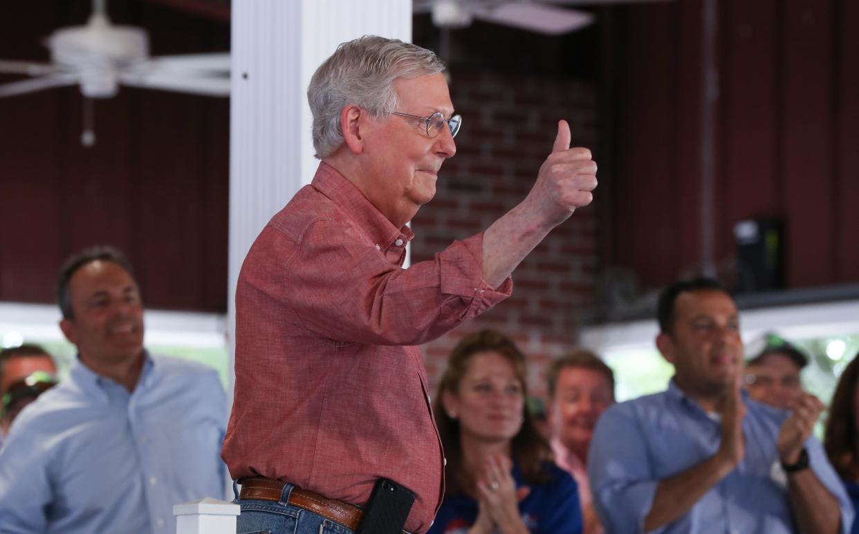 Sen. Mitch McConnell acknowledged his supporters following his speech during the Fancy Farm political picnic in Fancy Farm, Ky.Aug. 3, 2019