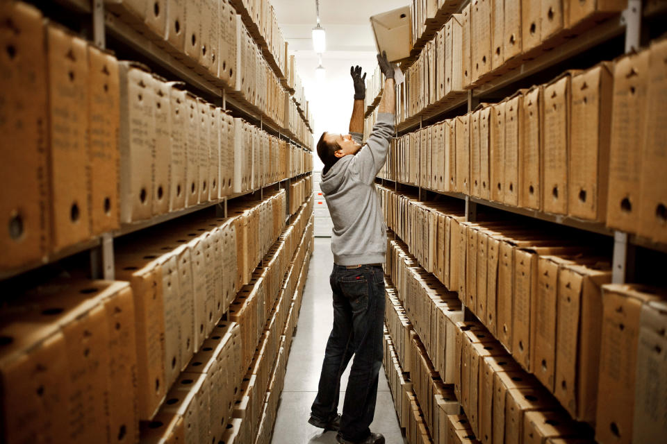 Files relating to collaborator​s and agents of the secret pol​ice from Poland's communist er​a are stored on shelves at the​ Instytut Pamieci Narodowej (I​PN), the Institute of Nationa​l Rememberance, in Warsaw.<span class="copyright">Piotr Malecki—Panos Pictures/R​edux</span>