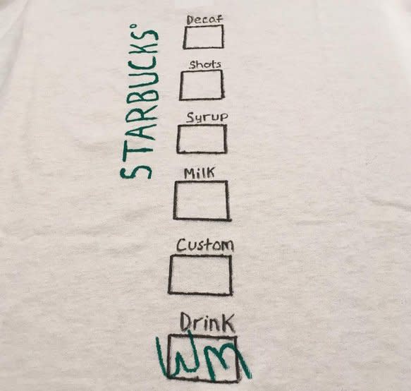  All you need for this is a white t-shirt, a black and green sharpie and all of five minutes. Turn yourself into a Starbucks cup, but don’t forget to write your name on it too!