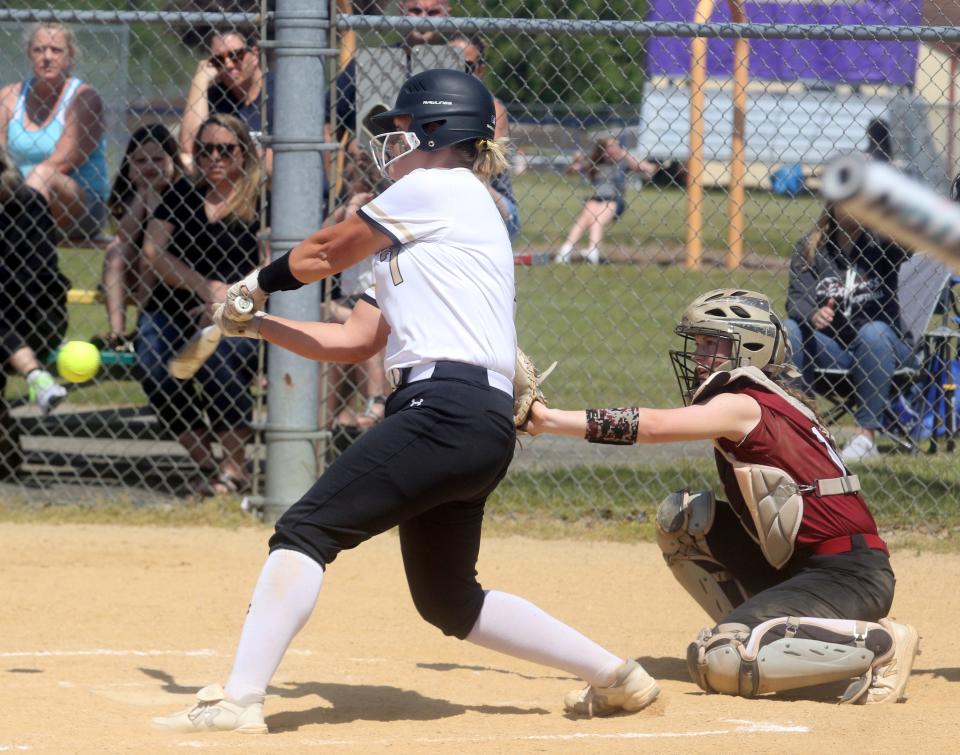 Corning's Maddie Dibble takes a swing during a 6-4 win over Elmira in the Section 4 Class AA softball championship game May 27, 2023 at the Holding Point Recreation Complex in Horseheads.