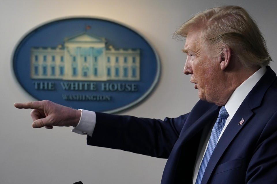 President Donald Trump speaks during a press briefing with the coronavirus task force, in the Brady press briefing room at the White House, Monday, March 16, 2020, in Washington. (AP Photo/Evan Vucci)