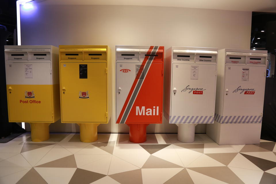 A showcase of Singapore’s evolving postbox designs since the country’s independence. (Photo: Nurul Azliah/Yahoo Lifestyle Singapore)