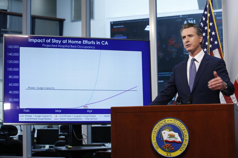 Gov. Gavin Newsom stands near a chart showing the impact of the mandatory stay-at-home orders, as he gives an update on the state's response to the new coronavirus, at the Governor's Office of Emergency Services in Rancho Cordova, Calif., Wednesday, April 1, 2020. Newsom announced that California schools will likely remain closed for the rest of the school year, but provide off-site education due to coronavirus pandemic. (AP Photo/Rich Pedroncelli, Pool)