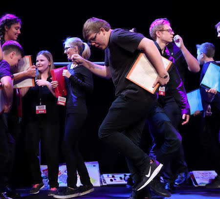 Cast members from the musical "Hemophilia: The Musical" perform during rehearsal in New York City, U.S., November 12, 2018. REUTERS/Shannon Stapleton