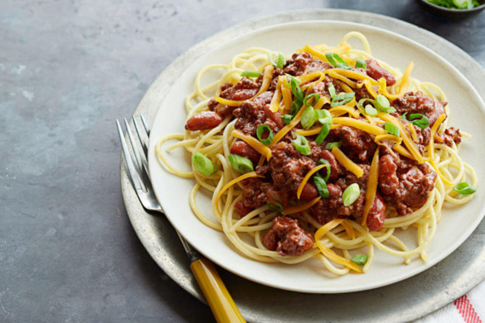 Chili and spaghetti go together like franks and beans.