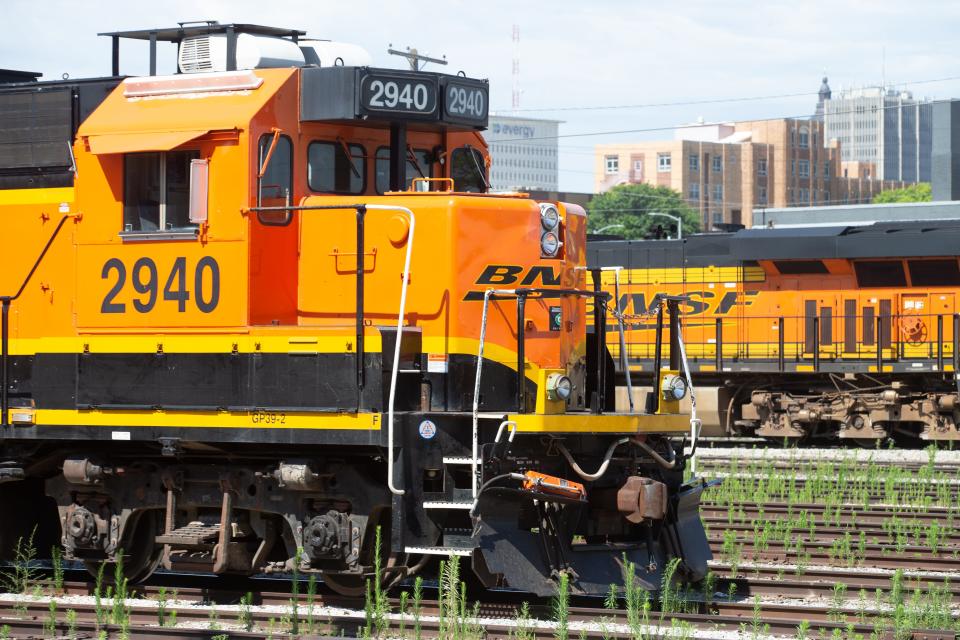 BNSF locomotive engines await use Thursday afternoon by the Topeka Amtrak station.