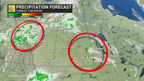 Prairies precipitation timing Sunday evening