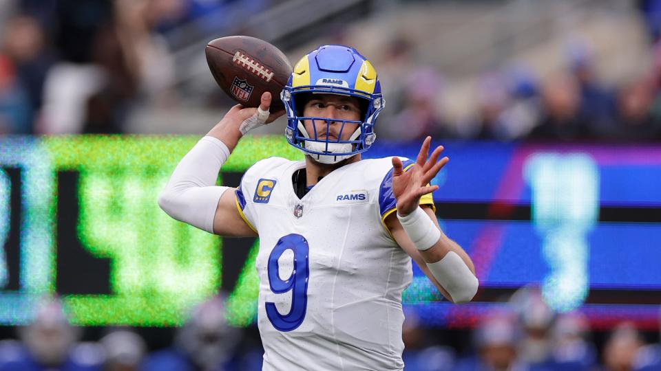 Los Angeles Rams quarterback Matthew Stafford (9) throws during the second half an NFL football game against the New York Giants, Sunday, Dec. 31, 2023, in East Rutherford, N.J. (AP Photo/Adam Hunger)