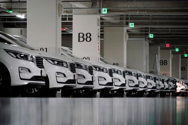 Vehicles of ride-hailing service operator Tada are seen parked at its garage in Seoul