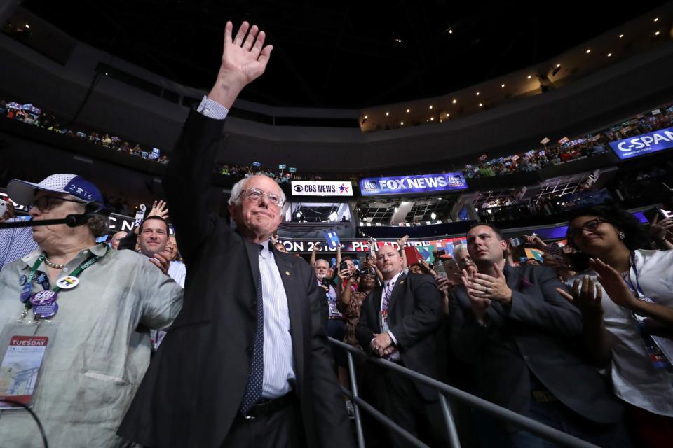 Sen. Bernie Sanders waves to the crowd on Tuesday at the DNC in Philadelphia. (Photo: Chip Somodevilla/Getty Images)