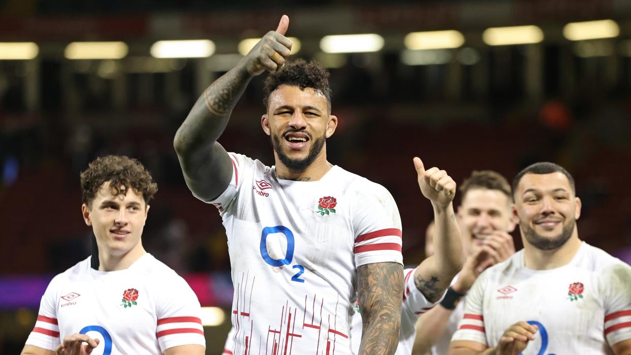   Courtney Lawes of England acknowledges the fans with a thumbs up ahead of the Rugby Championships 2023. 