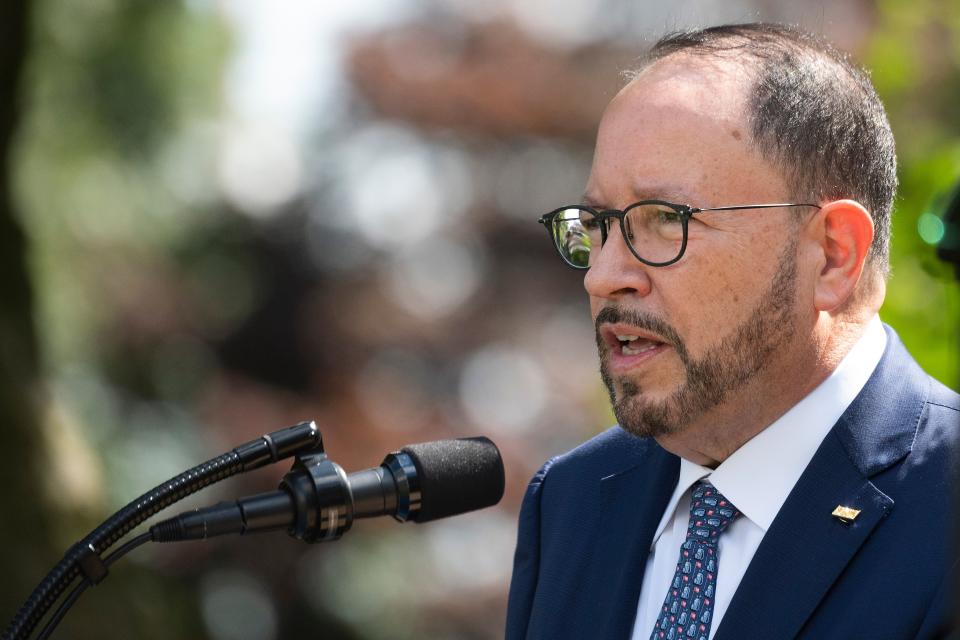 Goya Foods CEO and President Bob Unanue speaks prior to US President Donald Trump signing an Executive Order on the White House Hispanic Prosperity Initiative in the Rose Garden at the White House in Washington, DC, on July 9, 2020. (Photo by JIM WATSON / AFP) (Photo by JIM WATSON/AFP via Getty Images)