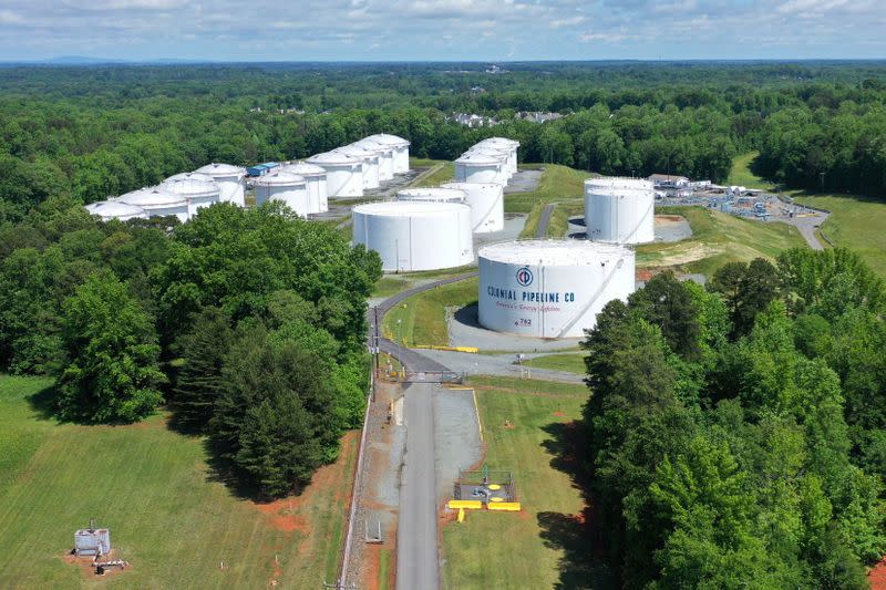 Holding tanks are seen in an aerial photograph at Colonial Pipeline's Charlotte Tank Farm