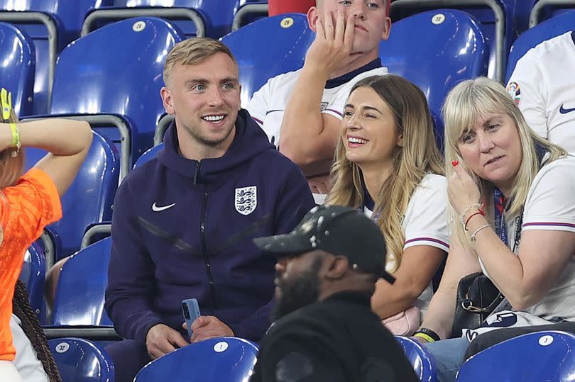 GELSENKIRCHEN, GERMANY - JUNE 30: Jarrod Bowen of England and TV personality Dani Dyer during the UEFA EURO 2024 round of 16 match between England and Slovakia at Arena AufSchalke on June 30, 2024 in Gelsenkirchen, Germany. (Photo by Crystal Pix/MB Media/Getty Images)