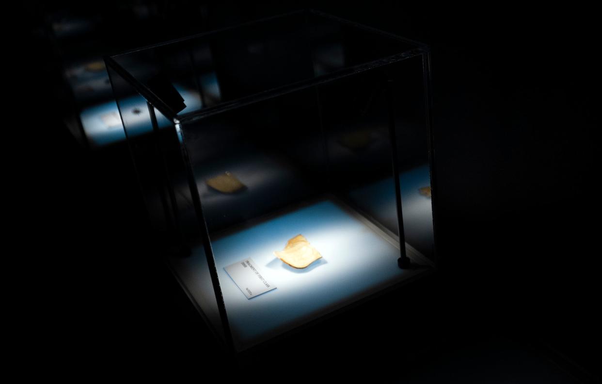 A fragment of a first-class dish is part of "Titanic: The Artifact Exhibition" at COSI.
