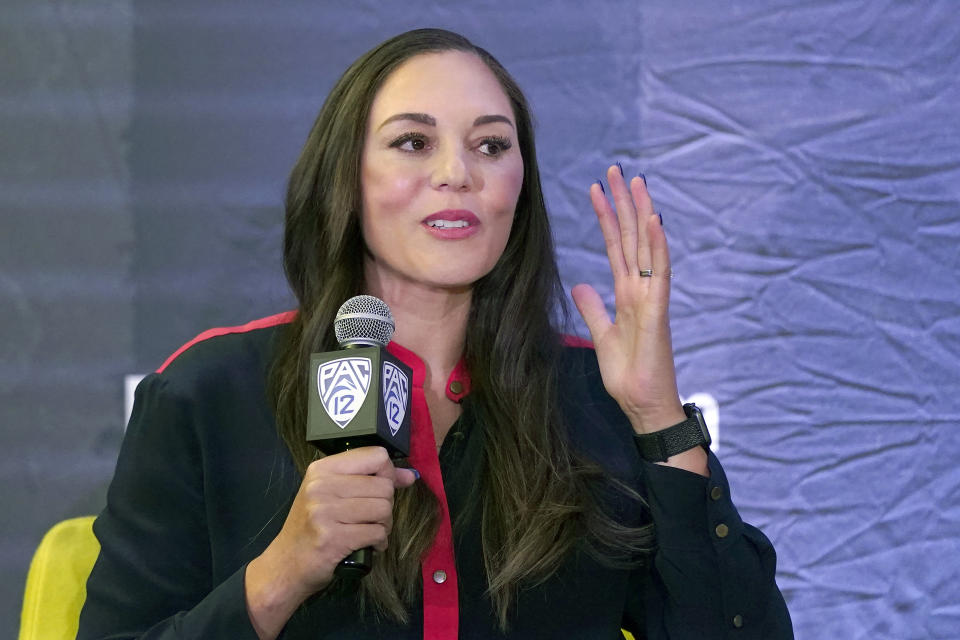 Arizona head coach Adia Barnes speaks during an NCAA college basketball news conference at the Pac-12 Conference media day Tuesday, Oct. 12, 2021, in San Francisco. (AP Photo/Jeff Chiu)
