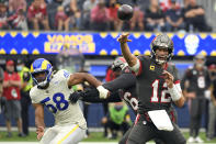 Tampa Bay Buccaneers quarterback Tom Brady throws during the first half of an NFL football game against the Los Angeles Rams Sunday, Sept. 26, 2021, in Inglewood, Calif. (AP Photo/Kevork Djansezian)