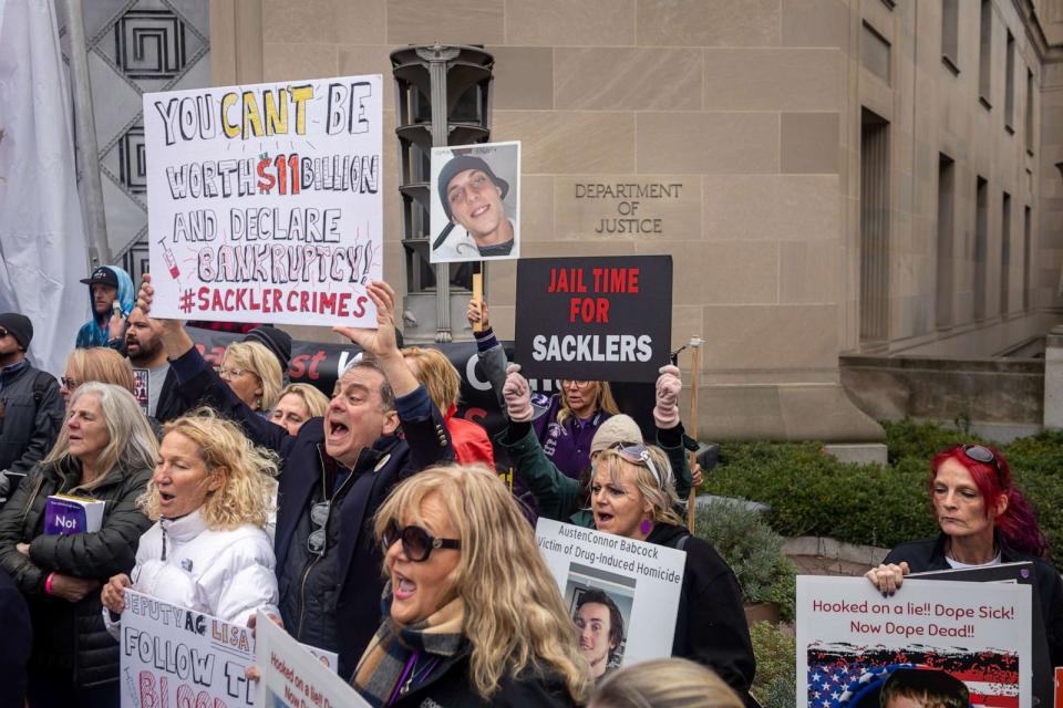 PHOTO: People who lost loved ones due to the opioid epidemic, rally at the Department of Justice in Washington D.C., calling for criminal charges against members of the Sackler family. (Pacific Press/LightRocket via Getty Images, FILE)