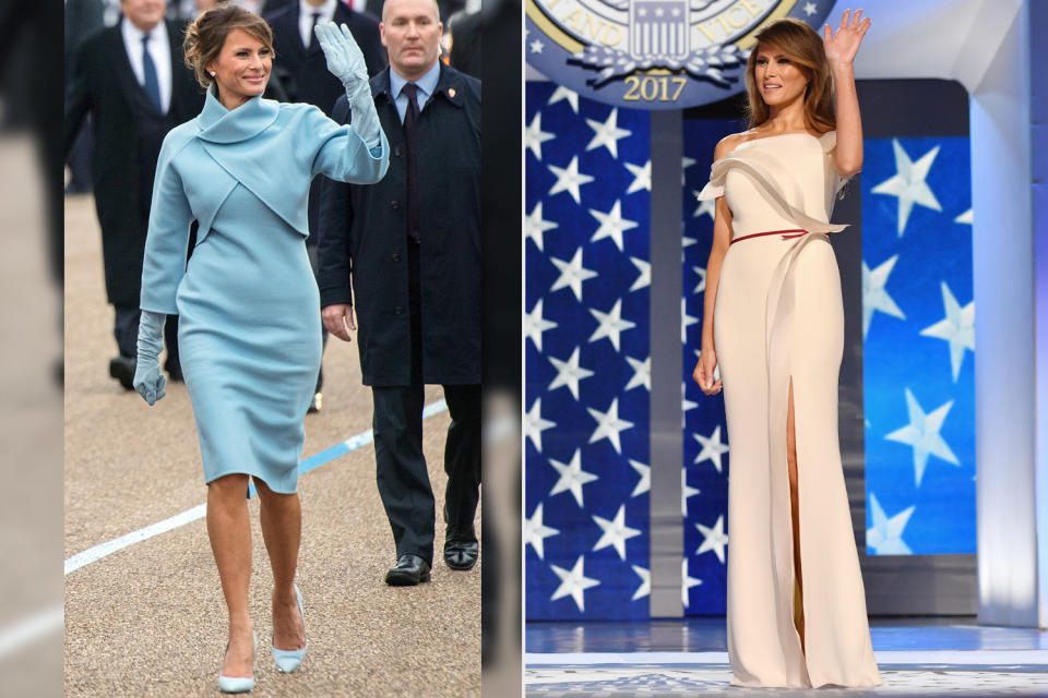 <p>For Donald Trump's inauguration ceremony, Melania Trump chose a powder-blue Ralph Lauren ensemble with matching gloves and heels. At nighttime, she changed into a structured white gown by French designer Hervé Pierre.</p>