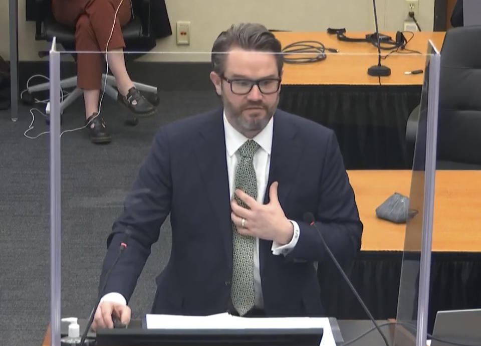 In this image from video, defense attorney Eric Nelson gives closing arguments as Hennepin County Judge Peter Cahill presides Monday, April 19, 2021, in the trial of former Minneapolis police Officer Derek Chauvin at the Hennepin County Courthouse in Minneapolis. Chauvin is charged in the May 25, 2020 death of George Floyd. (Court TV via AP, Pool)