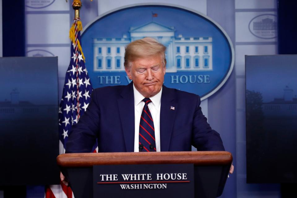 President Donald Trump pauses as he speaks about the coronavirus in the James Brady Press Briefing Room of the White House, Thursday, April 2, 2020, in Washington. (AP Photo/Alex Brandon)