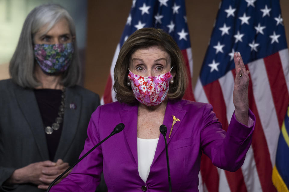 UNITED STATES - MARCH 09: Speaker of the House Nancy Pelosi, D-Calif., right, and Rep. Katherine Clark, D-Mass., assistant speaker, conduct a news conference on  the coronavirus relief bill, the American Rescue Plan Act, in the Capitol Visitor Center on Tuesday, March 9, 2021. (Photo By Tom Williams/CQ-Roll Call, Inc via Getty Images)