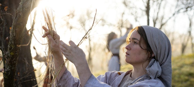 A woman wearing a head scarf gathers branches