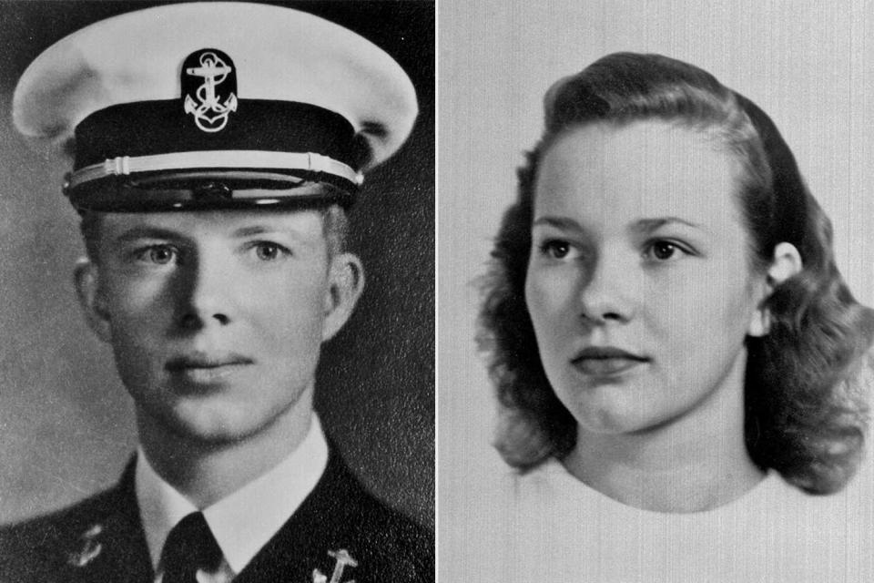 Jimmy Carter and Rosalynn Smith were married shortly after Carter's graduation from the U.S. Naval Academy in 1946. Carter's portrait is from sometime during his years in the Academy (1943-46) and Rosalynn's picture is from 1944, when she was 17. The couple is celebrating their 75th anniversary on July 7, 2021. (Jimmy Carter Library)