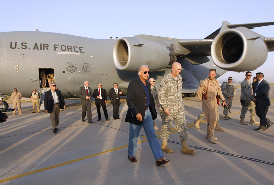 U.S. Vice President Joe Biden arrives in Baghdad, August 30, 2010. Biden arrived in Iraq on Monday as U.S. troops prepared to end combat operations on Tuesday. Biden was expected to hold talks with Iraqi leaders during a period of political deadlock, almost six months after an inconclusive election in March, over forming the country's next government.