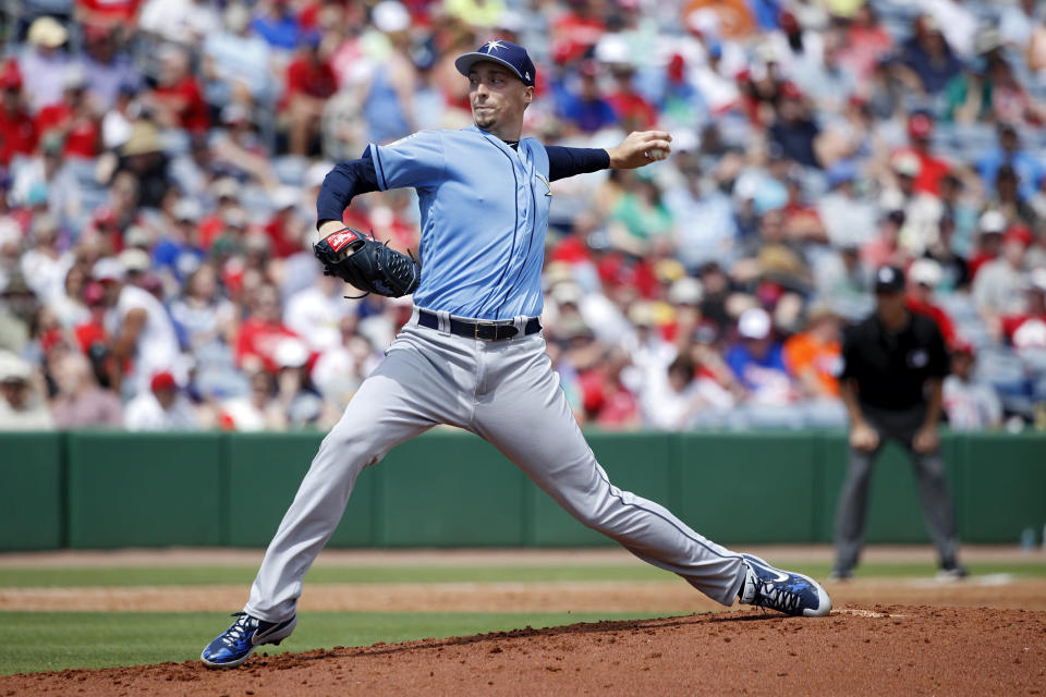 CLEARWATER, FL - MARCH 11: Blake Snell #4 of the Tampa Bay Rays pitches in the second inning of a Grapefruit League spring training game against the Philadelphia Phillies at Spectrum Field on March 11, 2019 in Clearwater, Florida. The Rays won 8-2. (Photo by Joe Robbins/Getty Images)