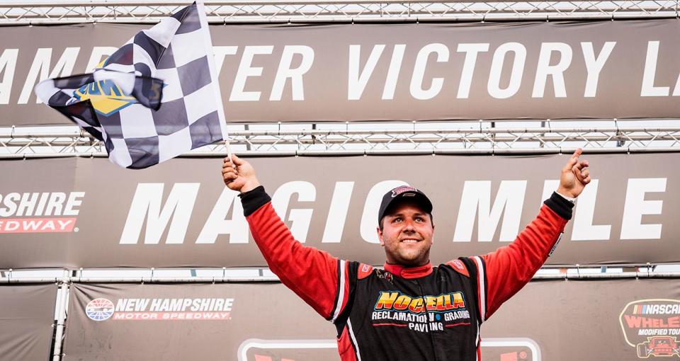 Anthony Nocella driver of the #92 Nocella Paving, K+D Associates, Airgas Chevrolet car reacts after winning the Whelen 100 for the Whelen Modified Tour at New Hampshire Motor Speedway on July 16, 2022 in Loudon, New Hampshire. (Nick Grace/NASCAR)