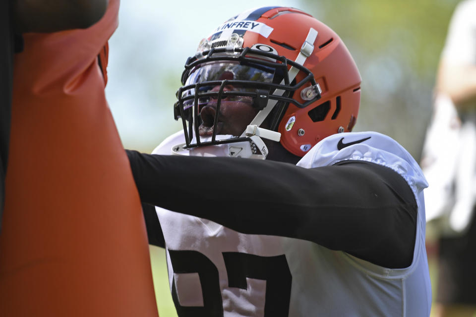 Cleveland Browns defensive linemen Perrion Winfrey participates in a drill during the NFL football team's rookie minicamp, Friday, May 13, 2022, in Berea, Ohio. (AP Photo/David Dermer)