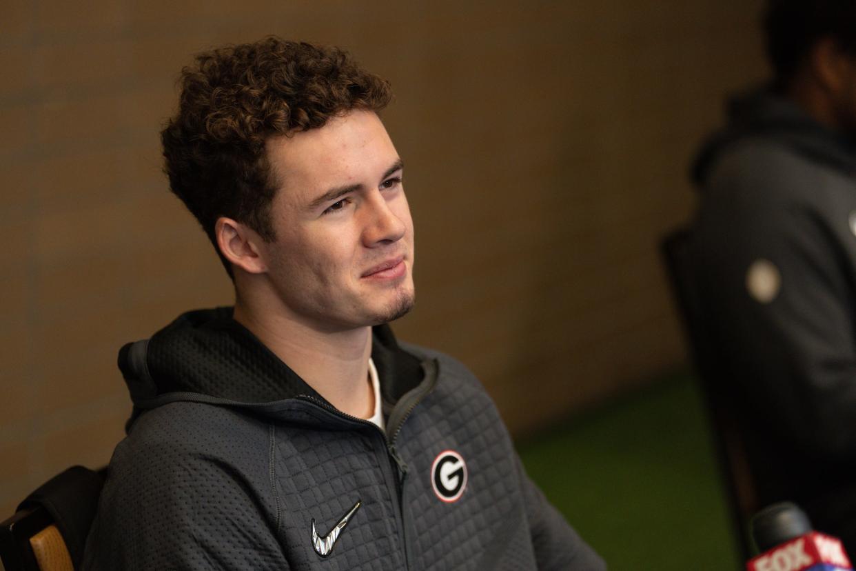 ATLANTA, GEORGIA - DECEMBER 29: Georgia wide receiver Ladd McCkoney speaks at the College Football Playoff Semifinal at the Chick-fil-A Bowl Media Day on December 29, 2022 in Atlanta, Georgia. #4 Ohio State will face #1 Georgia in the 2022 CFP Semifinal at the Chick-fil-A Peach Bowl on December 31, 2022 in Atlanta, Georgia. (Photo by Paul Abell/Chick-fil-A Peach Bowl)
(Photo: Paul Abell, Abell Images)