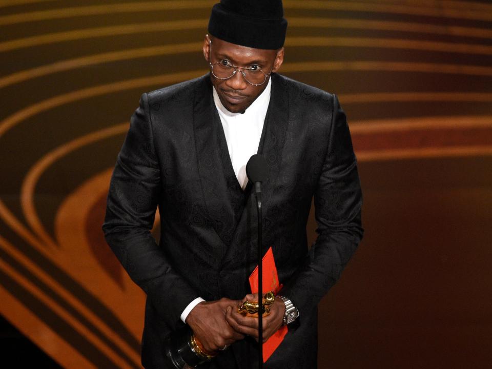 Mahershala Ali accepts the award for best performance by an actor in a supporting role for "Green Book" at the Oscars on Sunday, Feb. 24, 2019, at the Dolby Theatre in Los Angeles. (Photo by Chris Pizzello/Invision/AP)