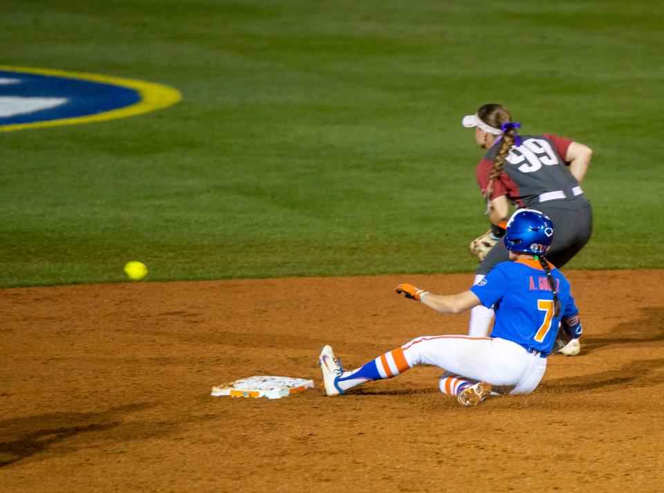 Florida's first baseman Avery Goelz (7) with a double in the top of the second inning against Arkansas in the semifinals of the SEC Tournament, Friday, May 13, 2022, at Katie Seashole Pressly Stadium in Gainesville, Florida. The Razorbacks beat the Gators 4-1 and move on to the championship game.