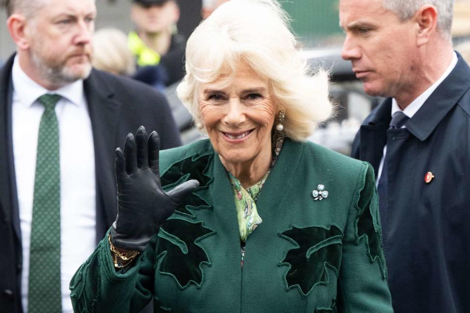 <p>Samir Hussein/WireImage</p> Queen Camilla during her visit to Belfast, Northern Ireland.