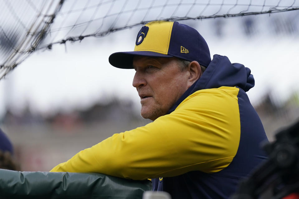 FILE - Milwaukee Brewers bench coach Pat Murphy watches during a baseball game against the San Francisco Giants in San Francisco, Saturday, May 6, 2023. After spending the last eight seasons as Craig Counsell’s bench coach, Murphy is taking over for his former boss as the Brewers’ manager, the baseball lteam announced, Wednesday, Nov. 15, 2023, just over a week after the Chicago Cubs announced they had hired Counsell away from Milwaukee. (AP Photo/Jeff Chiu, File)