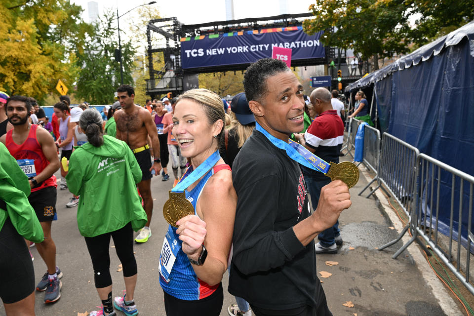 Amy Robach and T.J. Holmes run during the 2022 TCS New York City Marathon on November 06, 2022 in New York City - Credit: (Photo by Bryan Bedder/New York Road Runners via Getty Images)