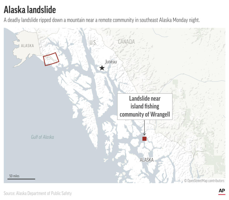 At least one person is dead after a landslide tore down a mountain near a fishing community in Alaska. (AP Graphic)