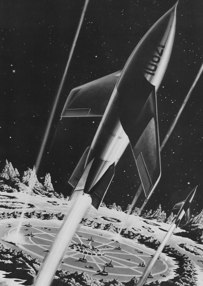 U.S. illustrator Frank Tinsley (1899-1965) created this 1948 conception of how rockets could be launched from a moon base.