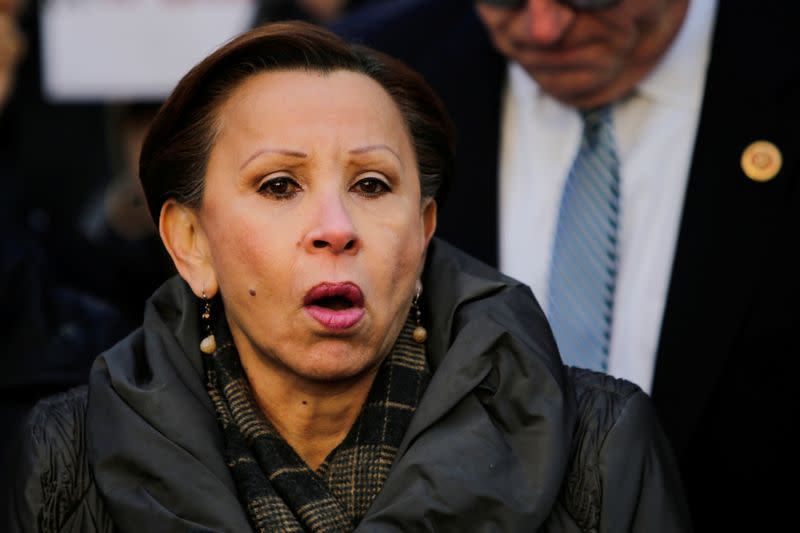 Congresswoman Nydia M. Velazquez speaks to people as they take part in a rally denouncing the targeting of immigrant activists by Immigration Customs Enforcement in the Manhattan borough of New York