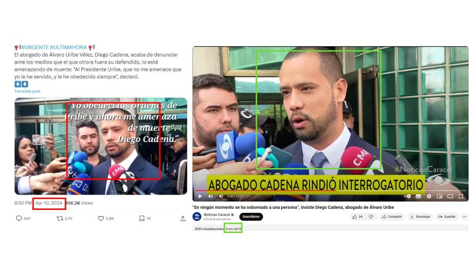 <span>Comparación entre una publicación en X (I) y un video en YouTube de Noticias Caracol, realizada el 16 de abril de 2024</span>