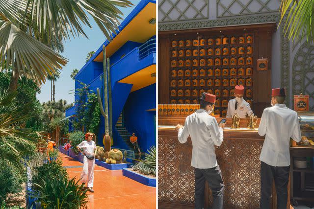 <p>Alex Crétey Systermans</p> From left: Jardin Majorelle, near the Yves Saint Laurent Museum, in Marrakesh; making tea at Dar El Bacha, a palace and museum in the medina.