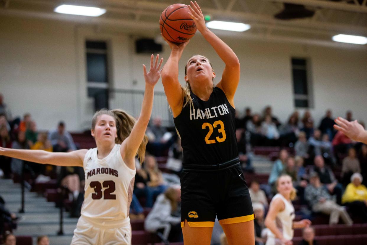 Hamilton's Kyra Kleinheksel takes a shot under the basket Tuesday, Jan. 10, 2023, at Holland Christian. 