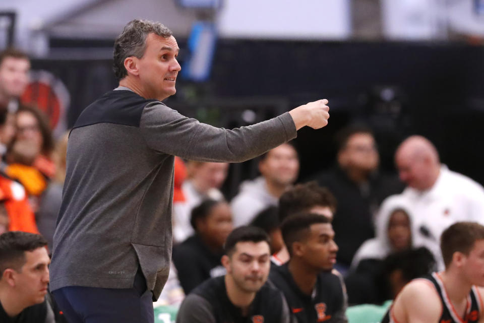 Head coach Mitch Henderson coaches against Yale during the second half of the Ivy League championship NCAA college basketball game, Sunday, March 12, 2023, in Princeton, N.J. Princeton won 74-65. (AP Photo/Noah K. Murray)
