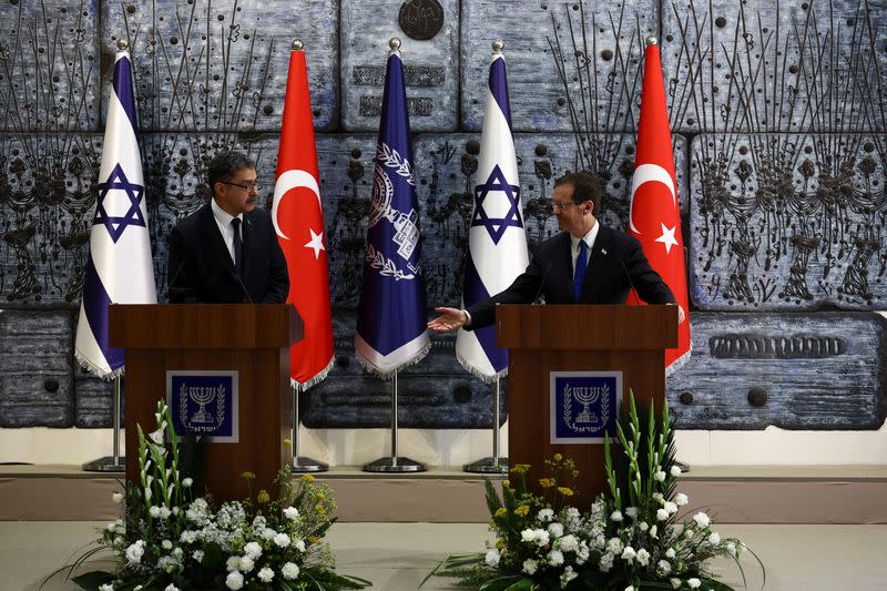 Turkey's new ambassador Torunlar presents his diplomatic credentials to Israel's President Herzog at the president's residence, in Jerusalem